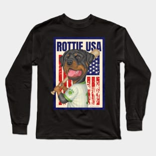 Rottie red white blue pastime Rottweiler Holding Baseball Bat USA Long Sleeve T-Shirt